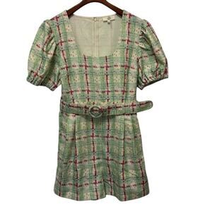 entro Women’s Cute Plaid Romper Pink Green Fabric Belt Puff Sleeves Size M SALE